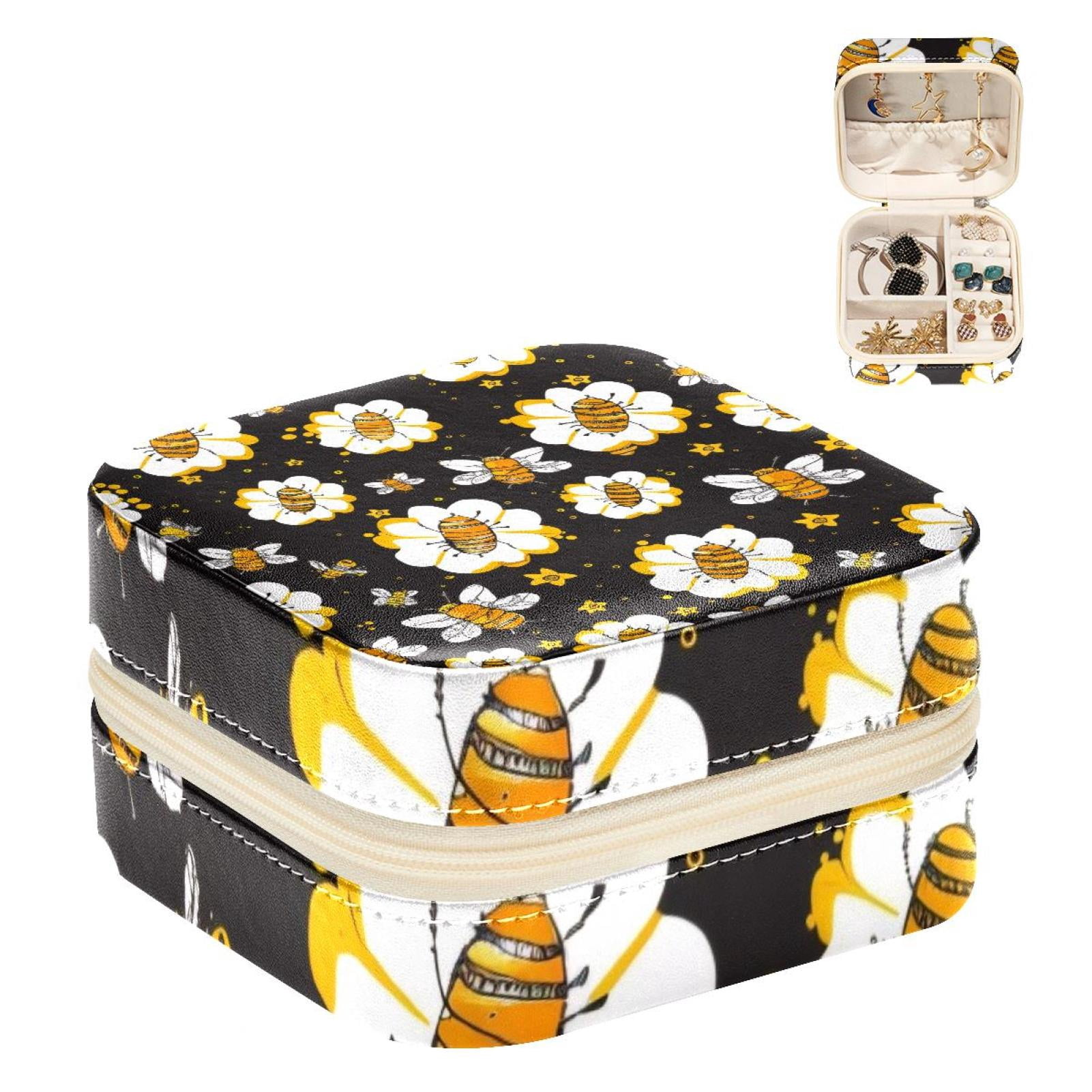 PhooArto Small Jewellery Box, Cartoon Bees Flowers Pattern Portable Travel Mini Jewelry Case for Women Leather Ring Organizer