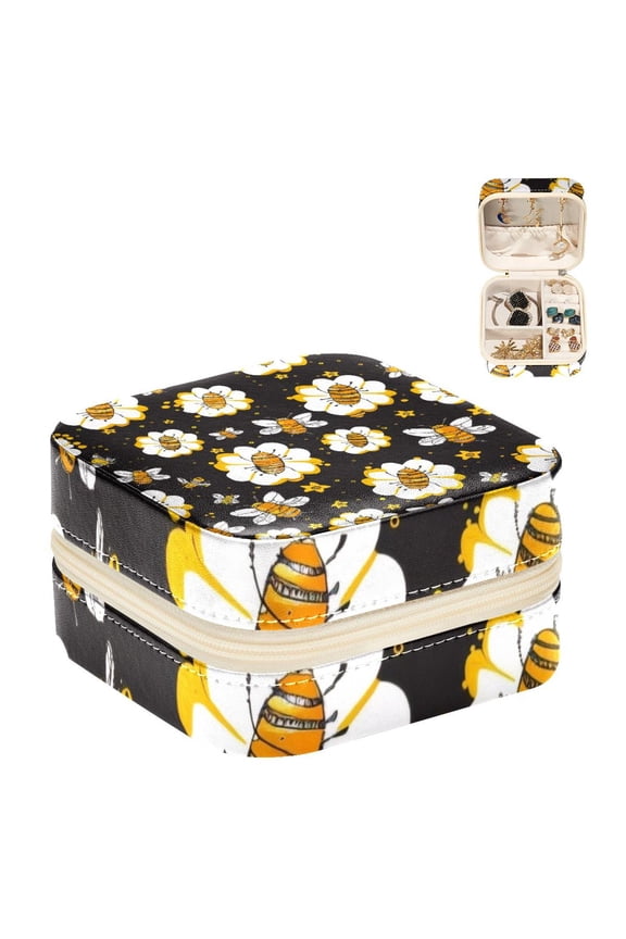 Small Jewellery Box, Cartoon Bees Flowers Pattern Portable Travel Mini Jewelry Case for Women Leather Ring Organizer