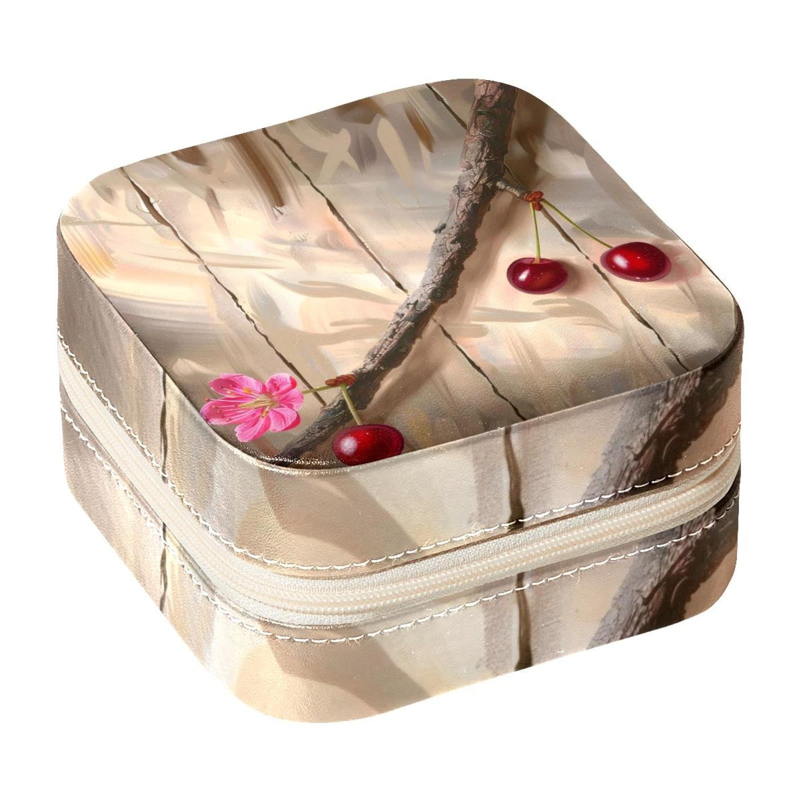 PhooArto Small Jewellery Box, Cherry on Wood Board Portable Travel Mini Jewelry Case for Women Leather Ring Organizer