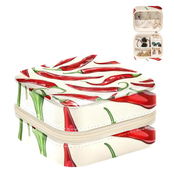 PhooArto Small Jewellery Box, Chili Peppers Pattern Portable Travel Mini Jewelry Case for Women Leather Ring Organizer