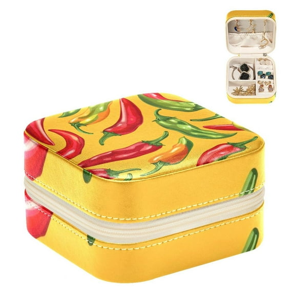 PhooArto Small Jewellery Box, Chili Peppers Yellow Pattern Portable Travel Mini Jewelry Case for Women Leather Ring Organizer