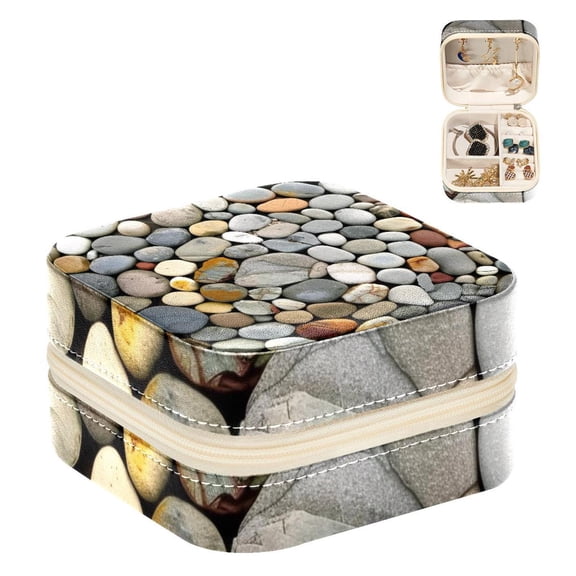 PhooArto Small Jewellery Box, Circle Pebble Cobblestones Pattern Portable Travel Mini Jewelry Case for Women Leather Ring Organizer