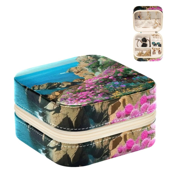 PhooArto Small Jewellery Box, Coast Rocks Flowers Pattern Portable Travel Mini Jewelry Case for Women Leather Ring Organizer