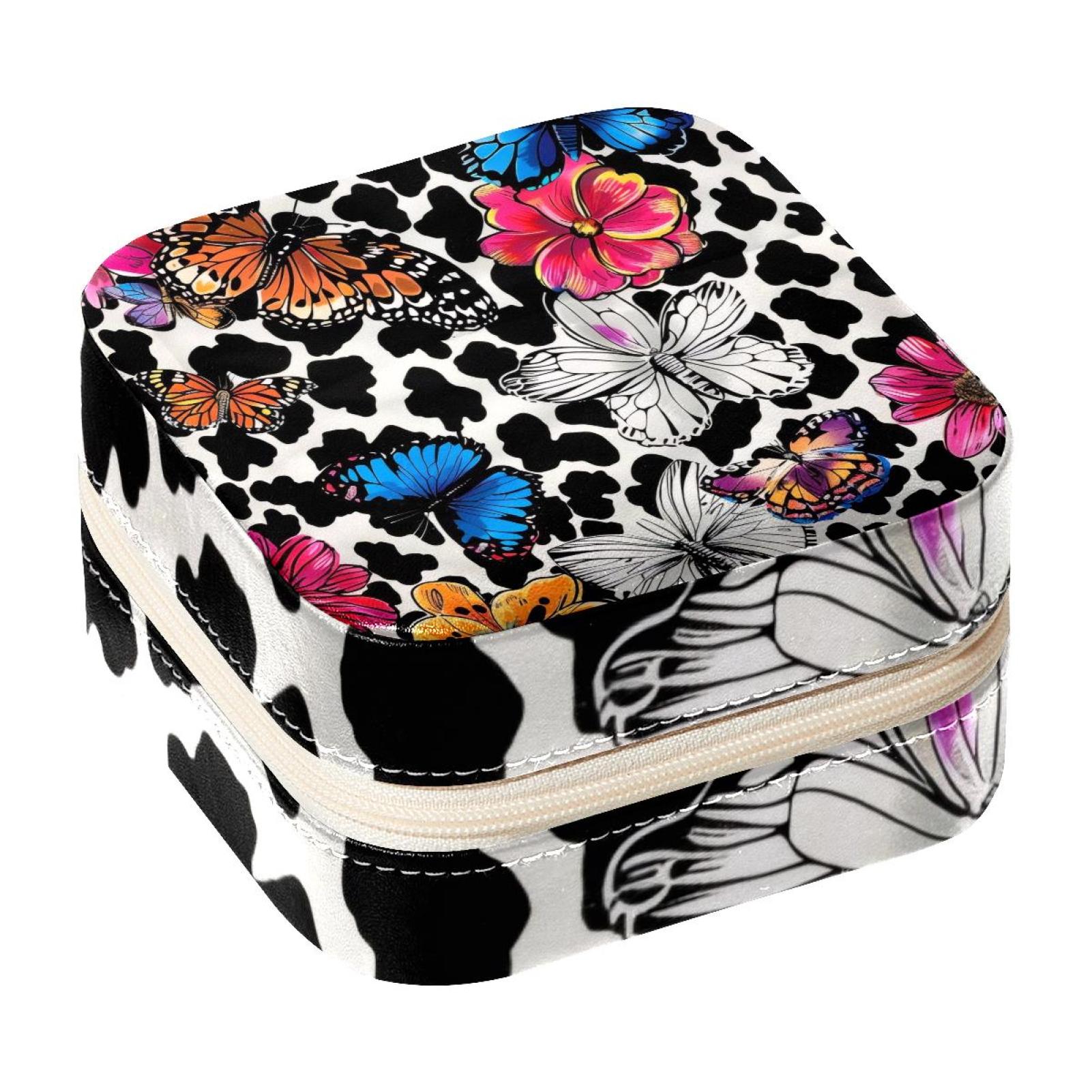 PhooArto Small Jewellery Box, Color Flowers Butterfly Leopard Spots Portable Travel Mini Jewelry Case for Women Leather Ring Organizer