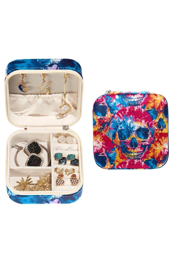 Small Jewellery Box, Color Skull Tie Dye Pattern Portable Travel Mini Jewelry Case for Women Leather Ring Organizer