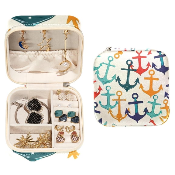 PhooArto Small Jewellery Box, Colorful Anchors Pattern Portable Travel Mini Jewelry Case for Women Leather Ring Organizer