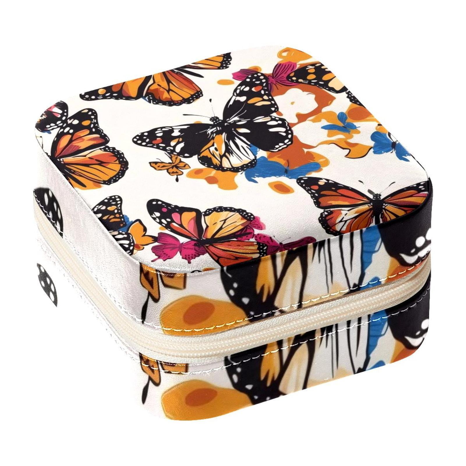 PhooArto Small Jewellery Box, Colorful Butterfly Pattern Portable Travel Mini Jewelry Case for Women Leather Ring Organizer