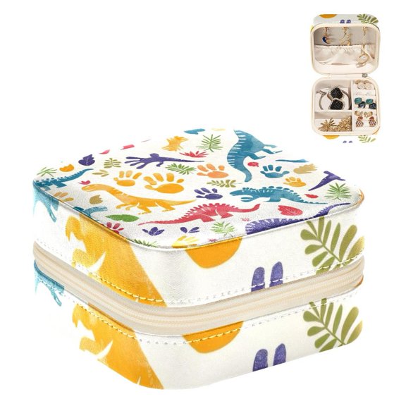 PhooArto Small Jewellery Box, Colorful Dinosaur and Footprint Pattern Portable Travel Mini Jewelry Case for Women Leather Ring Organizer