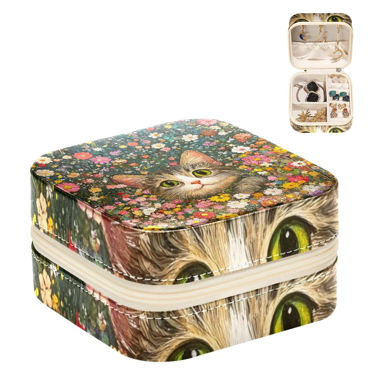 PhooArto Small Jewellery Box, Colorful Flowers and Cat Portable Travel Mini Jewelry Case for Women Leather Ring Organizer
