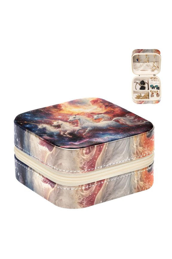 Small Jewellery Box, Colorful Nebulae Galaxy Unicorns Portable Travel Mini Jewelry Case for Women Leather Ring Organizer