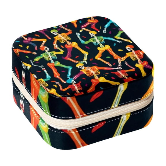 PhooArto Small Jewellery Box, Colorful Skeleton Dancing Portable Travel Mini Jewelry Case for Women Leather Ring Organizer