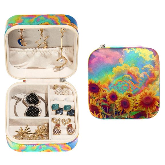 PhooArto Small Jewellery Box, Colorful Sky Sunflowers Rainbow Portable Travel Mini Jewelry Case for Women Leather Ring Organizer