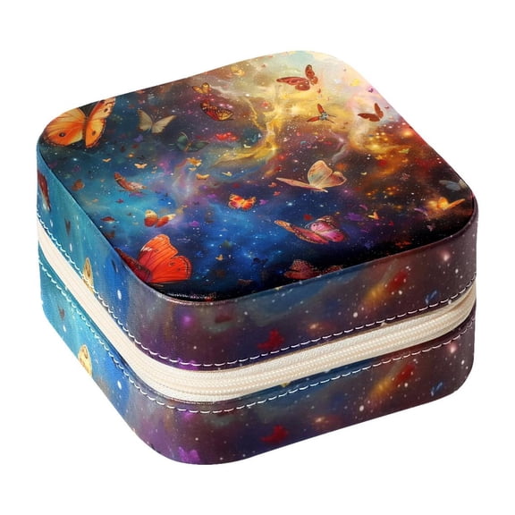 PhooArto Small Jewellery Box, Colors Dancing Butterflies Galaxy Portable Travel Mini Jewelry Case for Women Leather Ring Organizer