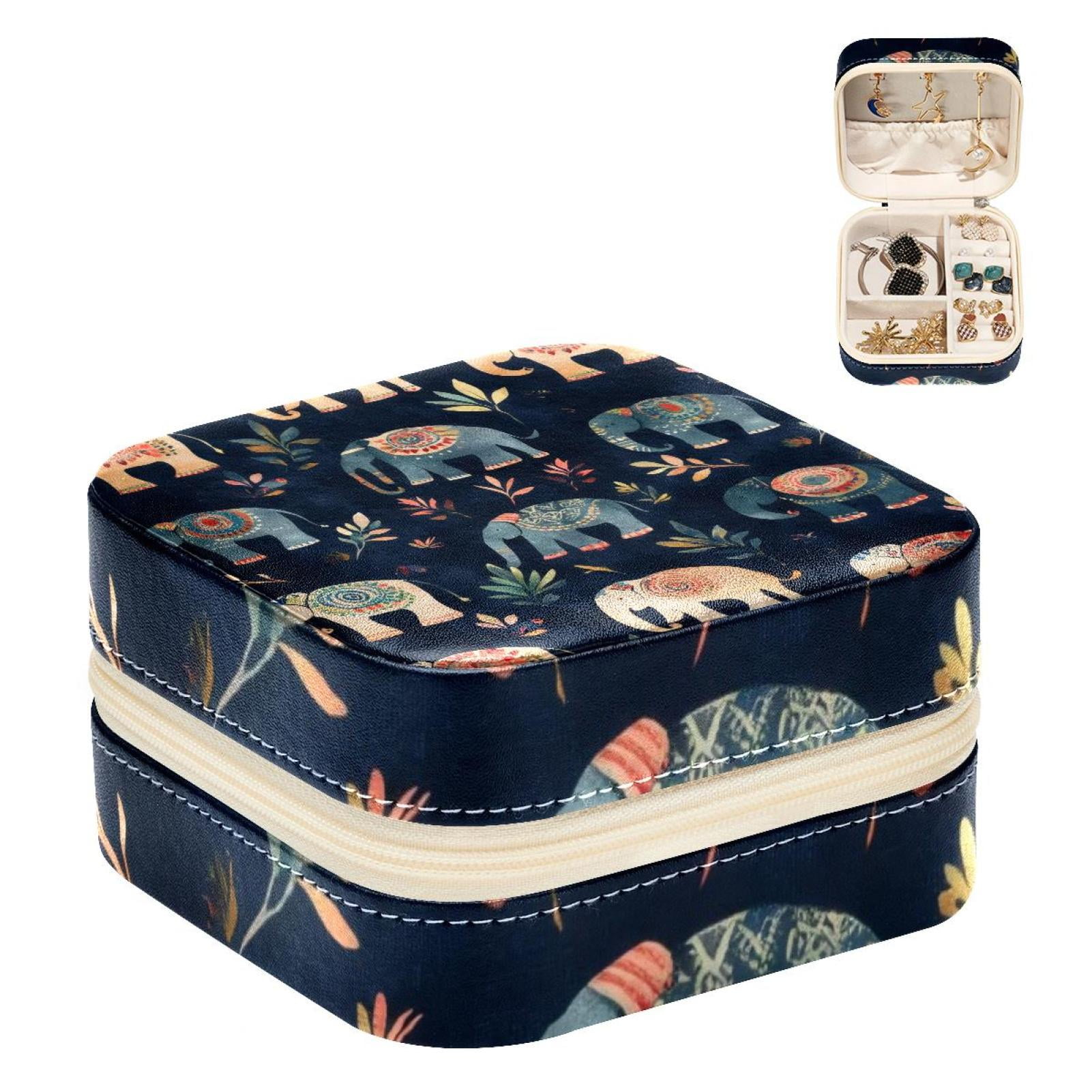 PhooArto Small Jewellery Box, Colors Tribe Elephants Pattern Portable Travel Mini Jewelry Case for Women Leather Ring Organizer
