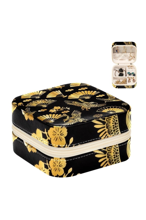 Small Jewellery Box, Crane Fan Flower Golden Pattern Portable Travel Mini Jewelry Case for Women Leather Ring Organizer