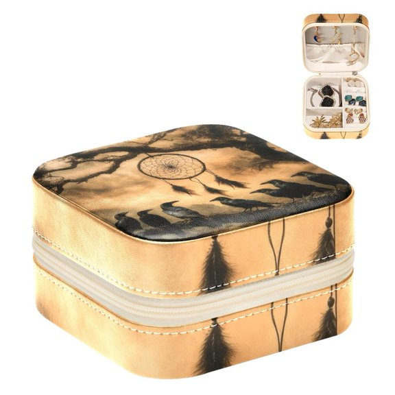 PhooArto Small Jewellery Box, Crows Dreamcatcher in the Wind Portable Travel Mini Jewelry Case for Women Leather Ring Organizer
