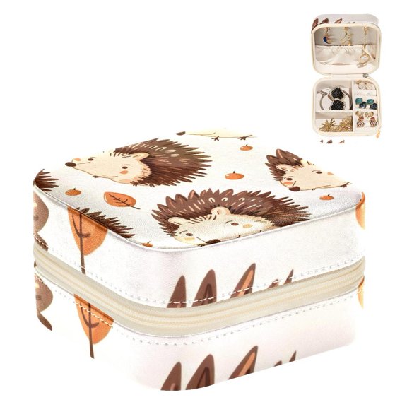 PhooArto Small Jewellery Box, Cute Cartoon Hedgehog Pattern Portable Travel Mini Jewelry Case for Women Leather Ring Organizer