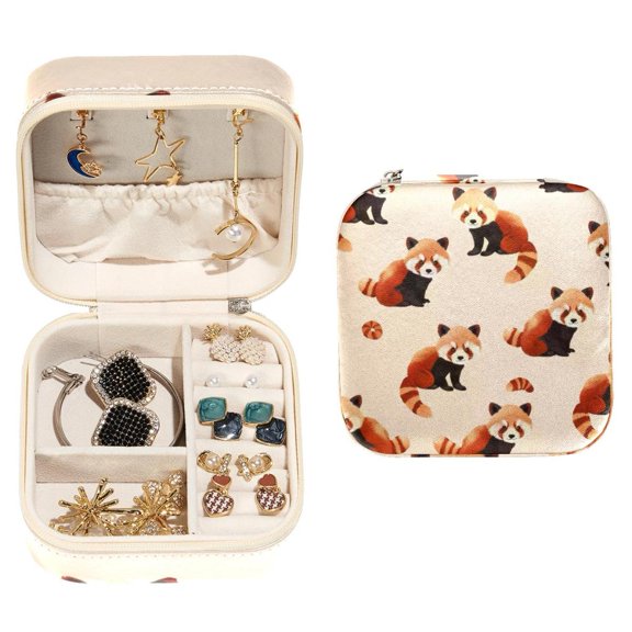 PhooArto Small Jewellery Box, Cute Red Panda Pattern Portable Travel Mini Jewelry Case for Women Leather Ring Organizer