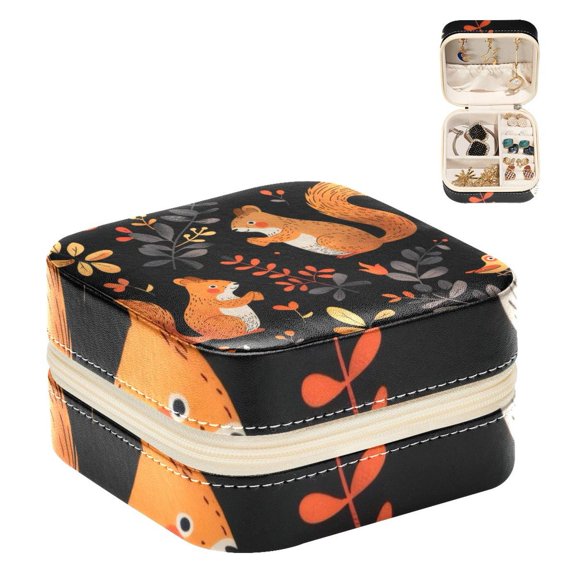 PhooArto Small Jewellery Box, Cute Squirrel Bird in Forest Pattern Portable Travel Mini Jewelry Case for Women Leather Ring Organizer