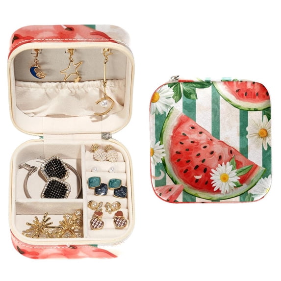 PhooArto Small Jewellery Box, Daisy Flowers Watermelon Stripe Portable Travel Mini Jewelry Case for Women Leather Ring Organizer