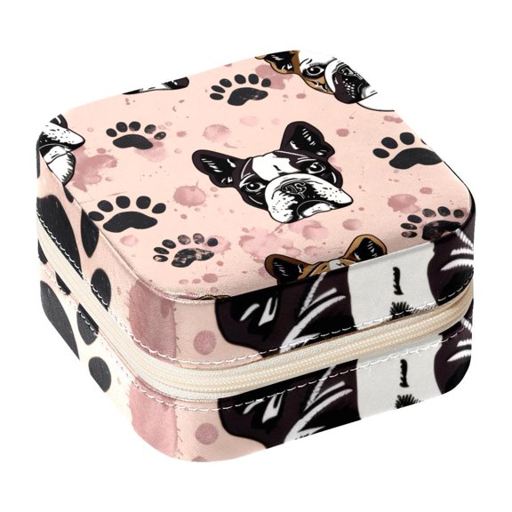 PhooArto Small Jewellery Box, Dog Paw Bulldog Pattern Portable Travel Mini Jewelry Case for Women Leather Ring Organizer