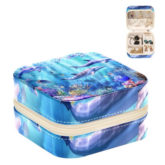 PhooArto Small Jewellery Box, Dolphins Ocean Seaworld Portable Travel Mini Jewelry Case for Women Leather Ring Organizer
