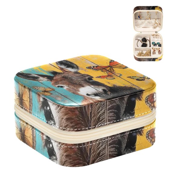 PhooArto Small Jewellery Box, Donkey Butterfly on Wooden Portable Travel Mini Jewelry Case for Women Leather Ring Organizer