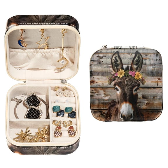 PhooArto Small Jewellery Box, Donkey Flowers Woodden Portable Travel Mini Jewelry Case for Women Leather Ring Organizer