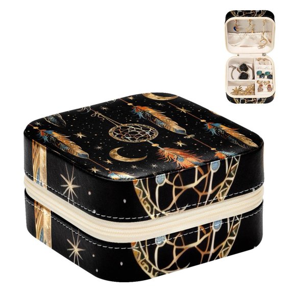 PhooArto Small Jewellery Box, Ethnic Dreamcatcher Feathers Pattern Portable Travel Mini Jewelry Case for Women Leather Ring Organizer