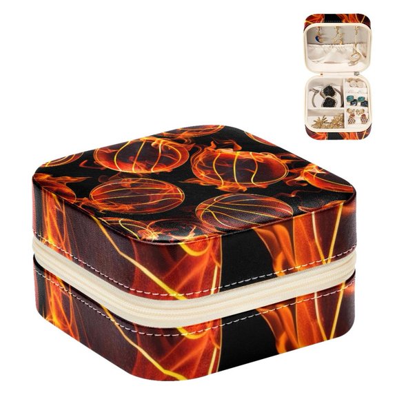 PhooArto Small Jewellery Box, Fire and Basketball Pattern Portable Travel Mini Jewelry Case for Women Leather Ring Organizer