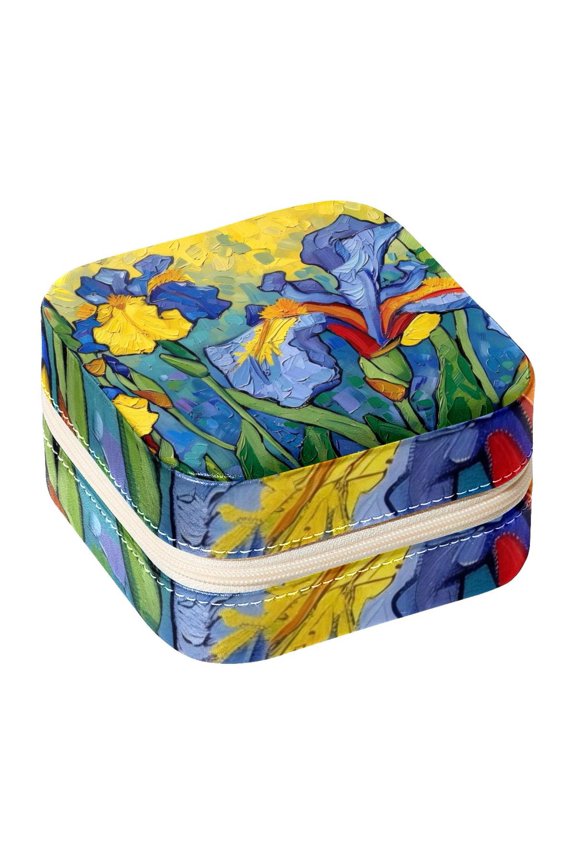 Small Jewellery Box, Flower Iris Painting Portable Travel Mini Jewelry Case for Women Leather Ring Organizer