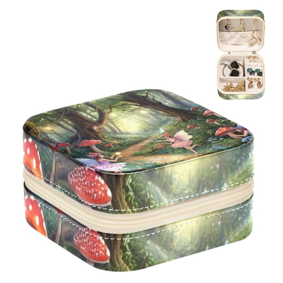 PhooArto Small Jewellery Box, Forest Fairy Mushroom Portable Travel Mini Jewelry Case for Women Leather Ring Organizer
