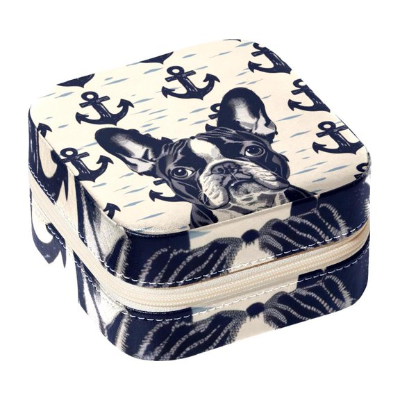 PhooArto Small Jewellery Box, French Bulldog Anchor Patterns Portable Travel Mini Jewelry Case for Women Leather Ring Organizer