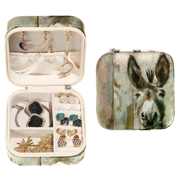 PhooArto Small Jewellery Box, Funny Donkey on Wooden Portable Travel Mini Jewelry Case for Women Leather Ring Organizer