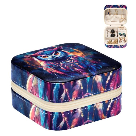 PhooArto Small Jewellery Box, Galaxy Owl and Dreamcatcher Portable Travel Mini Jewelry Case for Women Leather Ring Organizer