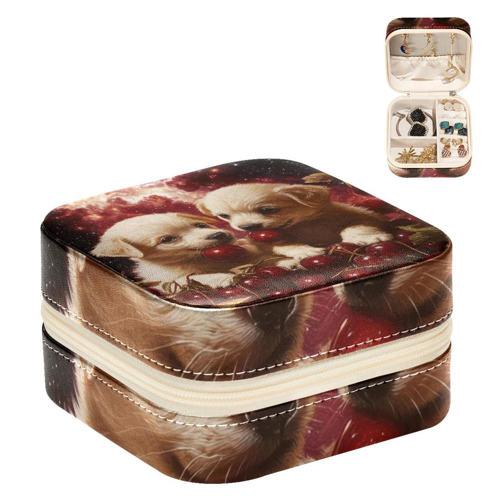 PhooArto Small Jewellery Box, Galaxy Puppies Cherries Portable Travel Mini Jewelry Case for Women Leather Ring Organizer