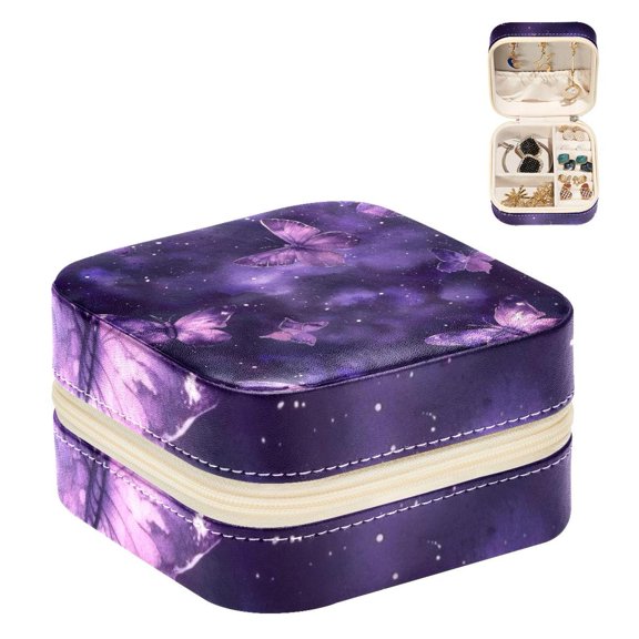 PhooArto Small Jewellery Box, Galaxy Purple Butterfly Pattern Portable Travel Mini Jewelry Case for Women Leather Ring Organizer