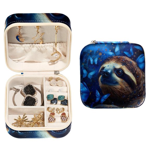 PhooArto Small Jewellery Box, Galaxy Star Blue Butterflies Sloth Portable Travel Mini Jewelry Case for Women Leather Ring Organizer