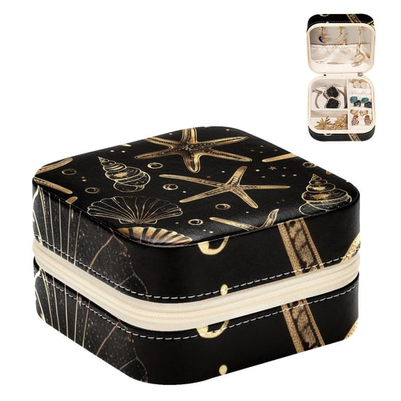 PhooArto Small Jewellery Box, Golden Starfish Shell Pattern Portable Travel Mini Jewelry Case for Women Leather Ring Organizer