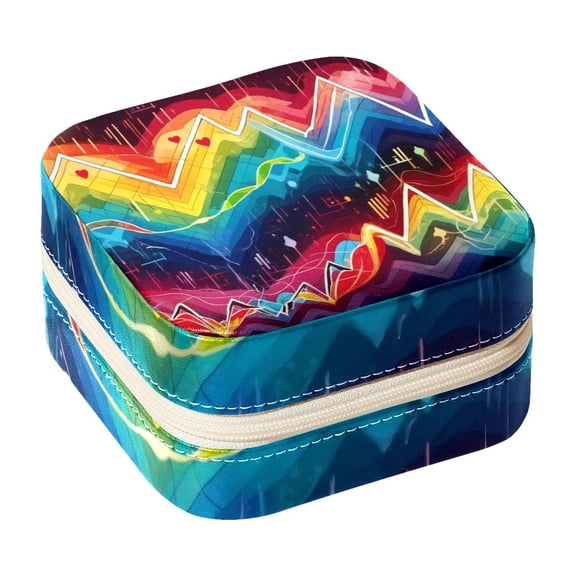 PhooArto Small Jewellery Box, Heart Beat Colorful Pattern Portable Travel Mini Jewelry Case for Women Leather Ring Organizer