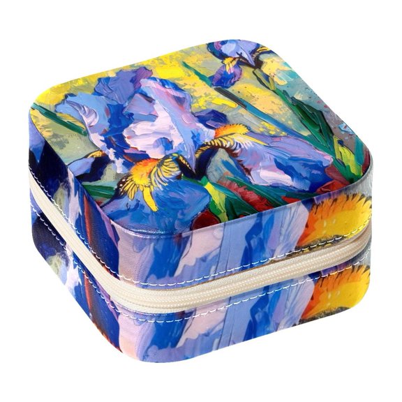 PhooArto Small Jewellery Box, Iris Flower Painting Portable Travel Mini Jewelry Case for Women Leather Ring Organizer