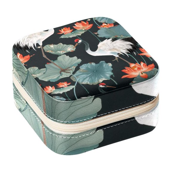 PhooArto Small Jewellery Box, Lotuses and Cranes Pattern Portable Travel Mini Jewelry Case for Women Leather Ring Organizer