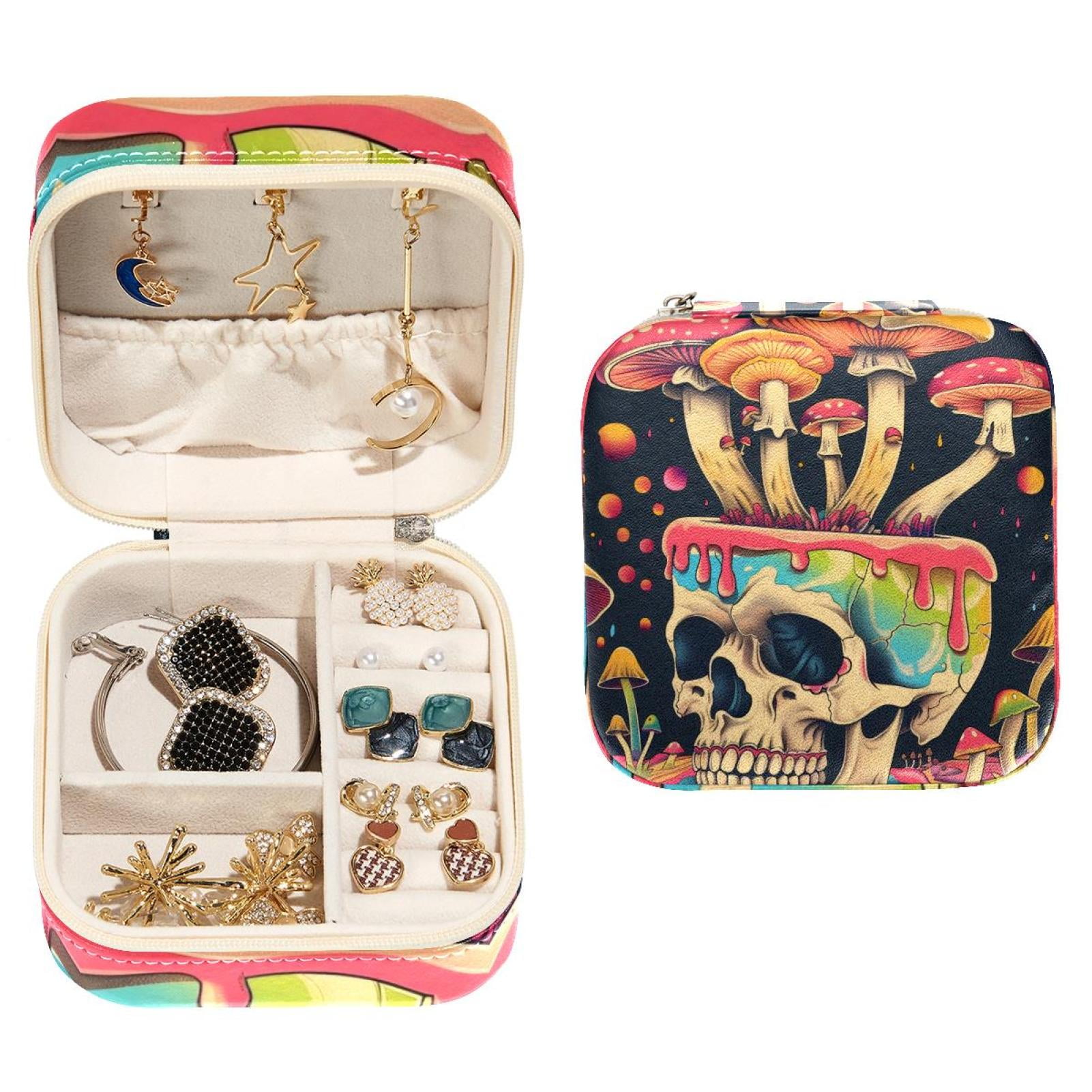 PhooArto Small Jewellery Box, Mystical Skull Mushrooms Portable Travel Mini Jewelry Case for Women Leather Ring Organizer