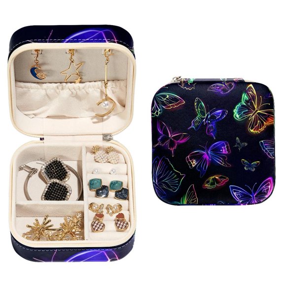 PhooArto Small Jewellery Box, Neon Butterfly Patterns Portable Travel Mini Jewelry Case for Women Leather Ring Organizer