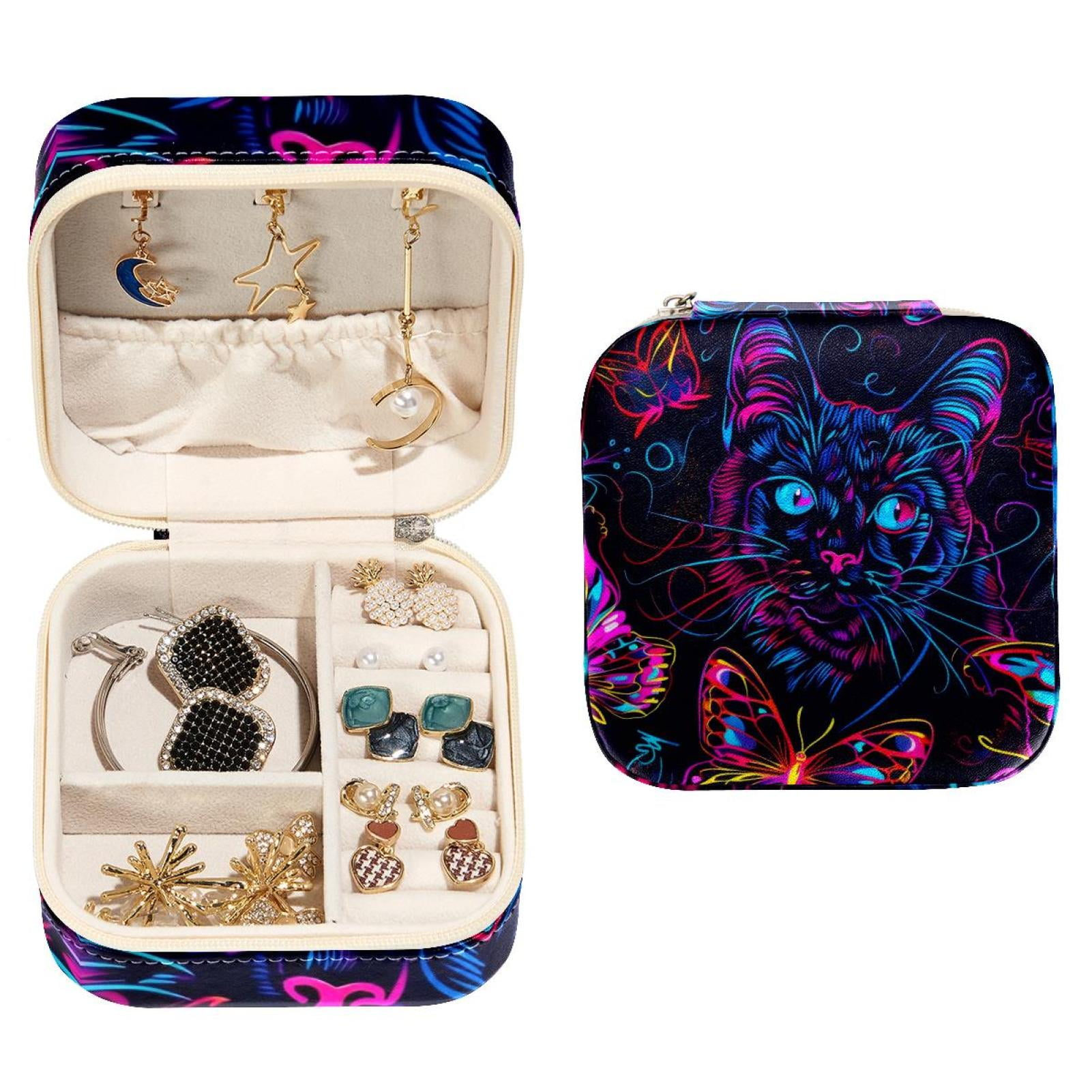 PhooArto Small Jewellery Box, Neon Cat Butterflies Pattern Portable Travel Mini Jewelry Case for Women Leather Ring Organizer