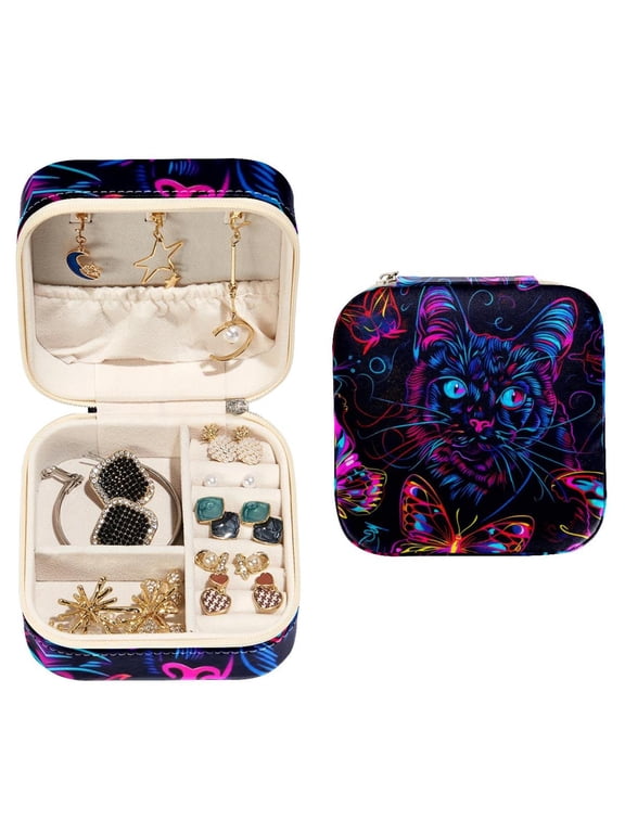 Small Jewellery Box, Neon Cat Butterflies Pattern Portable Travel Mini Jewelry Case for Women Leather Ring Organizer