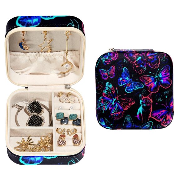 PhooArto Small Jewellery Box, Neon Cat Butterflies Patterns Portable Travel Mini Jewelry Case for Women Leather Ring Organizer