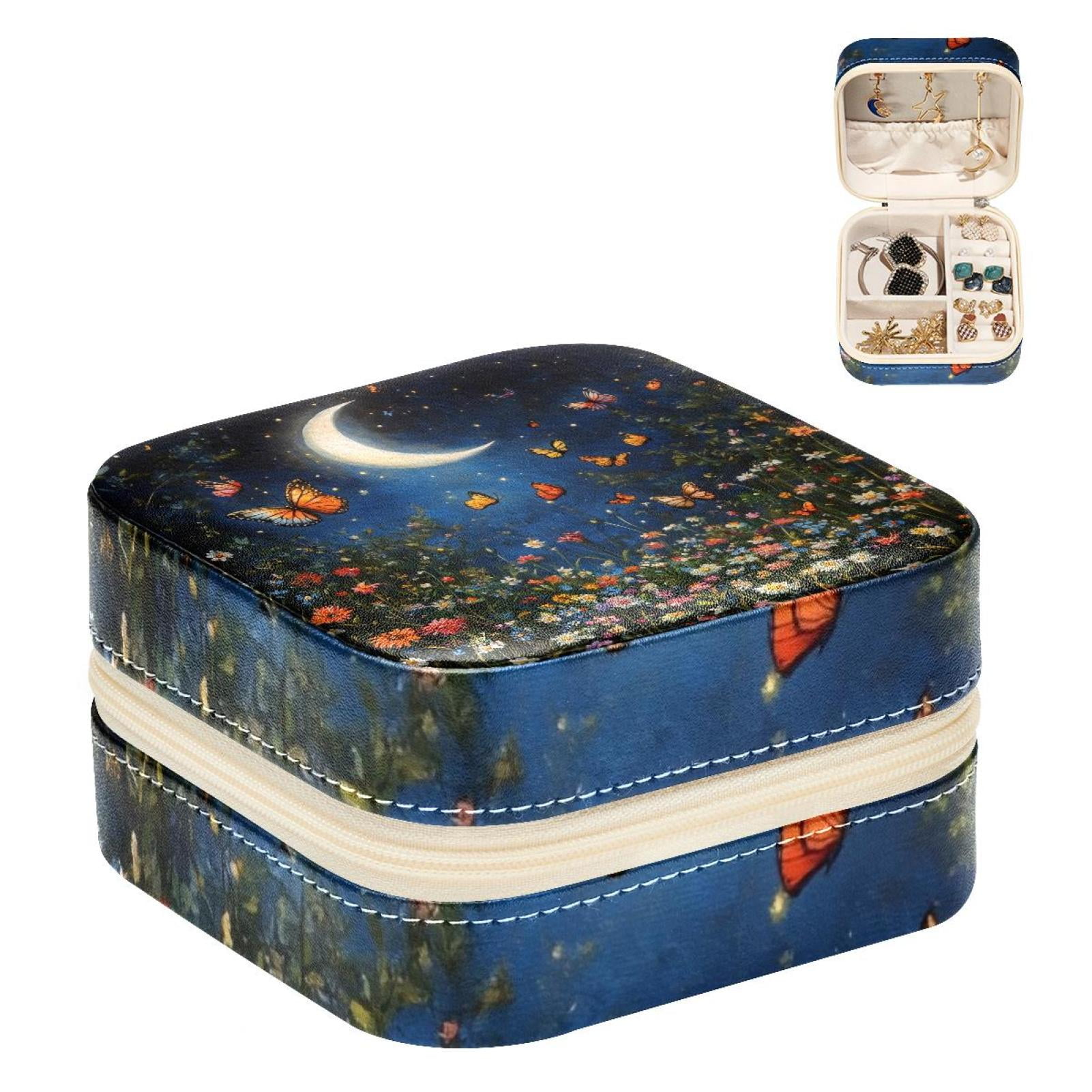 PhooArto Small Jewellery Box, Night Sky Moon Butterflies Flower Portable Travel Mini Jewelry Case for Women Leather Ring Organizer