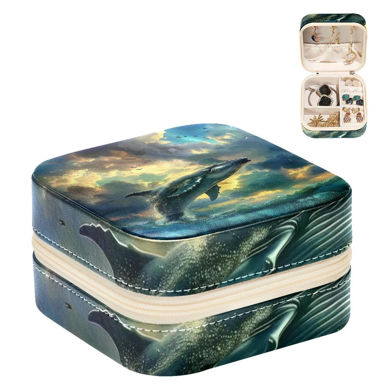 PhooArto Small Jewellery Box, Ocean Sea Whale Portable Travel Mini Jewelry Case for Women Leather Ring Organizer