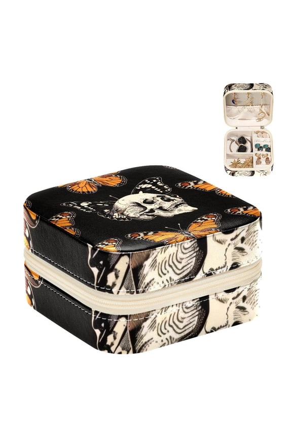 Small Jewellery Box, Orange Butterfly Skull Pattern Portable Travel Mini Jewelry Case for Women Leather Ring Organizer